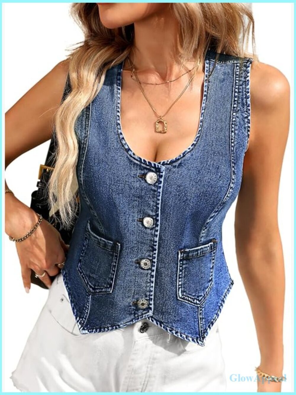 High Stretch Denim Vest, V-Neck Western Style Sleeveless Jean Vest with